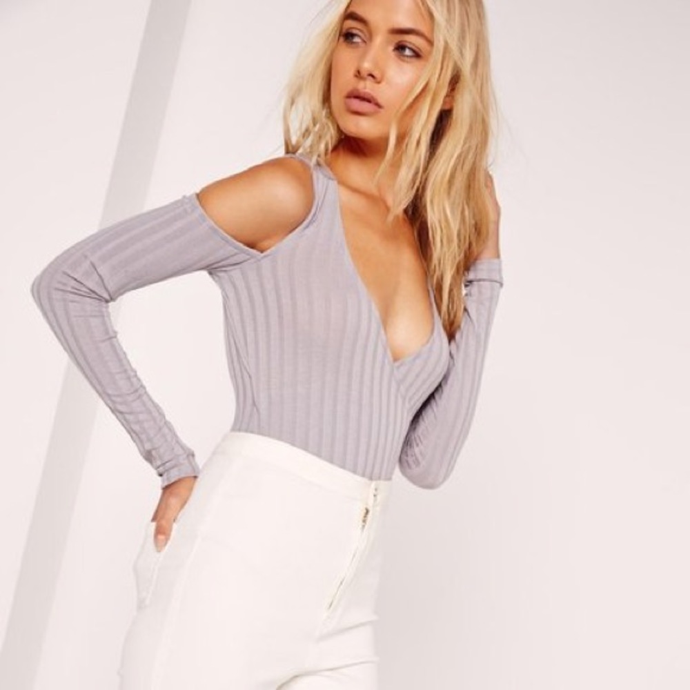 Grey wrap front cold shoulder bodysuit